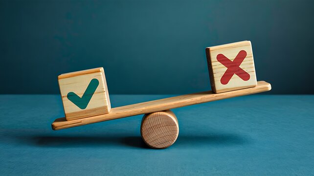 Balance decision concept with checkmark and cross symbols
