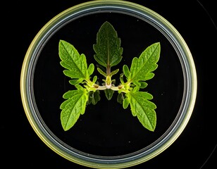 Young tomato plant sprout in a petri dish on black background.  Bright greens & subtle purples