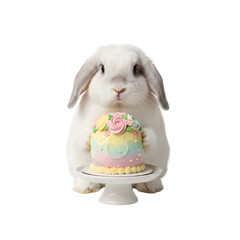 Adorable White Lop-Eared Rabbit Holding a Colorful Floral Easter Cake - Cute Pet Concept for Spring Celebrations and Birthday Party isolated on a transparent background 