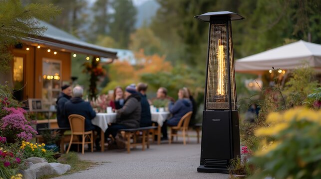 In a winter garden setting, the portable high efficiency outdoor heating gas heater keeps an outdoor lounge area warm, allowing people to enjoy fresh air while staying cozy amidst cold