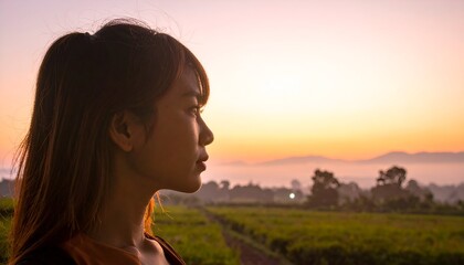 Young woman looks out to soft light over a field landscape at dusk, in natural warm colors