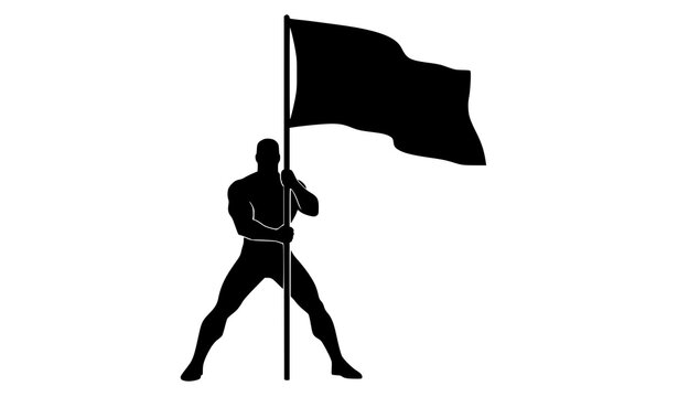 Determined man silhouette holding blank flag in leadership and protest pose flat black vector isolated on white background for symbolic graphic design