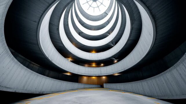 Spiral concrete parking structure with illuminated circular levels and a skylight, showcasing the architectural design and depth of the interior space in a modern urban setting
