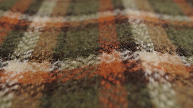 Close-up of a rustic plaid fabric with a warm, earthy color palette and intricate woven texture.