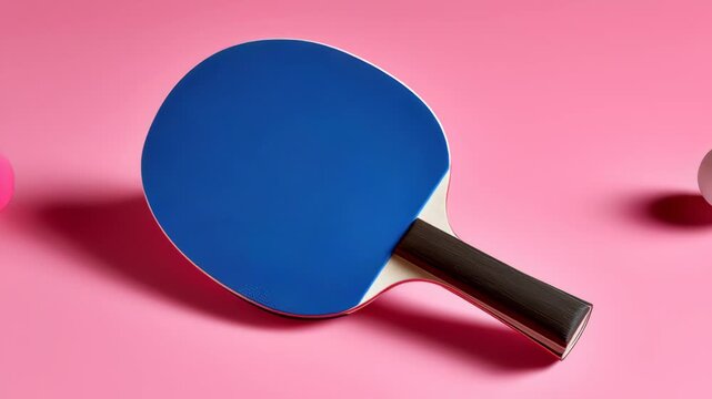 Table tennis paddle with blue rubber surface positioned on a pink background, accompanied by two contrasting ping pong balls, one pink and one white, creating a vibrant visual composition