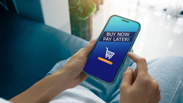 Woman using smartphone online shopping and payment via mobile banking apps. financial technology, Digital banking network, internet payment and digital wallet, Buy now pay later concept.