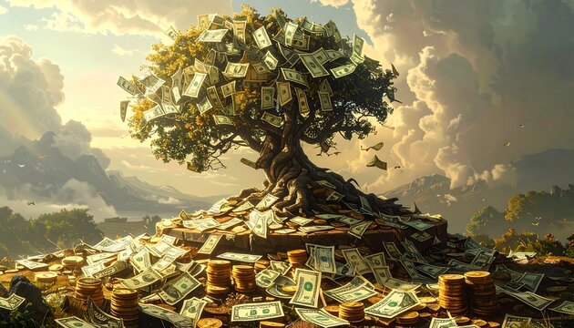 A surreal illustration presents a tree with dollar bills as leaves, overflowing with currency, symbolizing wealth and financial growth