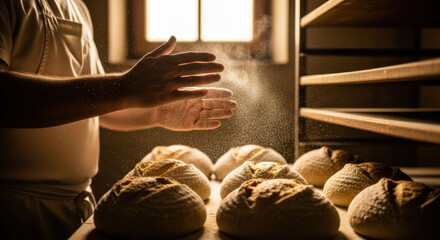 Bakery Scene with Bread Loaves and Baker Hands