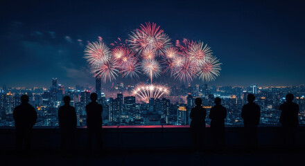 Firework Display Over City Skyline