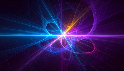 Naklejka premium Vibrant, abstract artwork displaying intertwined streaks of neon blue, purple, and yellow light against a dark background