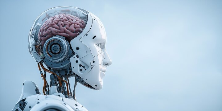An AI robot with an open head showing its brain, symbolizing the evolution and beauty of artificial intelligence technology in a futuristic concept