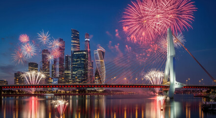 City Skyline Fireworks Bridge River Night