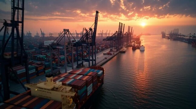 Golden sunset casts a warm glow over a busy international container port, with cargo ships and towering cranes symbolizing global trade and logistics operations