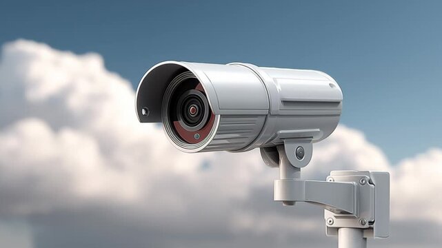 Security camera with a cylindrical lens and protective cover rotates slightly, capturing a clear view of the sky and clouds, mounted on a sturdy bracket against a blue backdrop