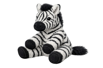 Naklejka premium Stuffed zebra toy sitting, featuring soft plush material and black and white stripes for childhood play and comfort