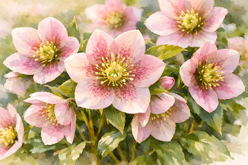 水彩画風クリスマスローズの優しい春の花イラスト