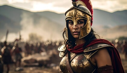 Woman warrior in golden helmet, standing proud on a dusty battlefield with a large army blurring behind her