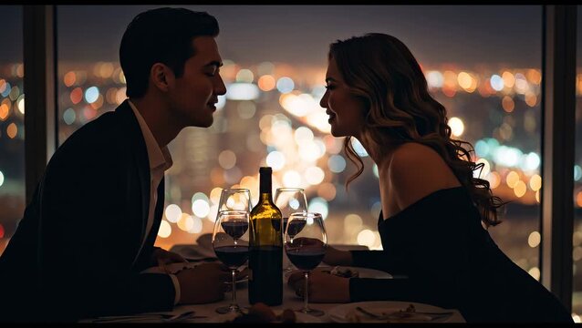 Romantic young couple kissing during a luxury candlelit dinner with a panoramic city skyline view at night.
