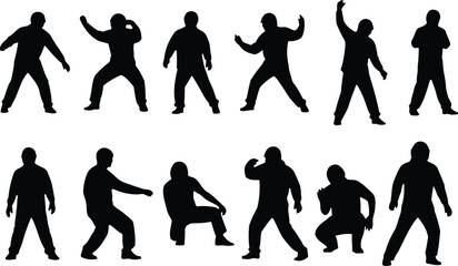 Collection of black silhouette figures in various poses and actions