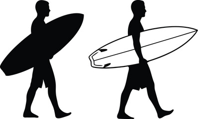 Silhouette of two surfers walking with surfboards