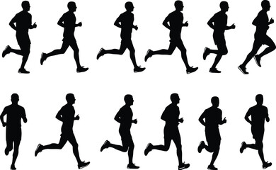 Silhouette of multiple runners in various poses on a white background
