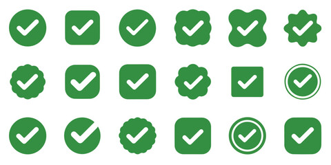 Green check mark icons in various shapes like circles squares and abstract forms for approval © Joynab