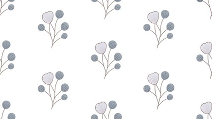 Fototapeta premium Charming Seamless Floral Pattern Featuring Delicate Branches with Grey Berries and Subtle Purple Blossoms