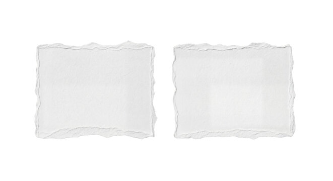 Two white torn paper squares, distressed edges, for mockup or overlay effect, Isolated on transparent background, png