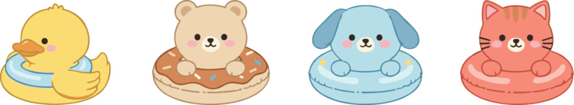 Cute animal characters floating in inflatable swim rings collection isolated flat vector illustration for kids designs