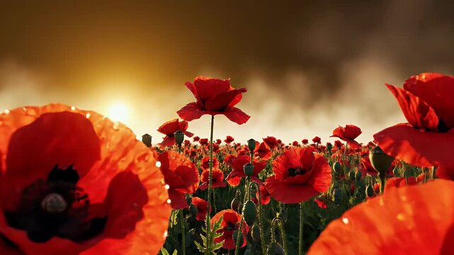 Anzac Day Poppy Flowers Dawn Gold to Deep Brown Gradient Soft Sunrise Haze