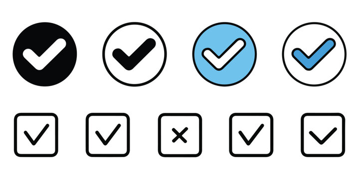 Check mark icons. check mark black, blue. vector illustration. ok, done, complete, accept
