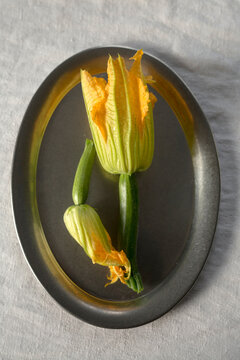 Fresh Zucchini Blossoms and Young Zucchini on a Dark Oval Plate