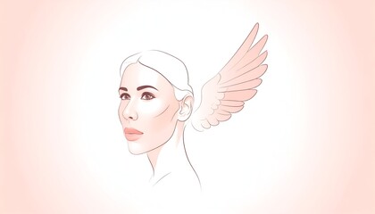 Woman's sketch with soft features & wing. Pale pink background. Delicate, ethereal, & gentle tone. Minimalist art