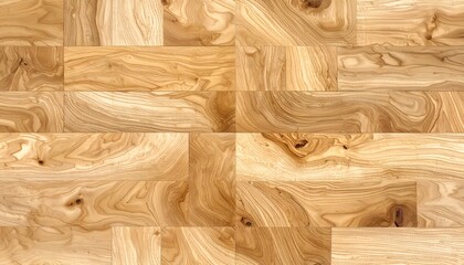 Wood flooring surface featuring beautiful natural patterns and grain in light brown and beige tones, arranged in rectangles