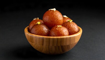 Wooden bowl holds sweet, dark brown balls with white and green garnish, set against a dark background