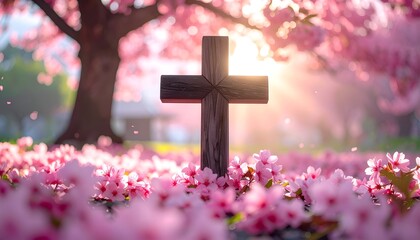 Wooden cross amidst a blooming flowerbed, soft light through blossoms. Serene, spiritual, and bathed in sunlight