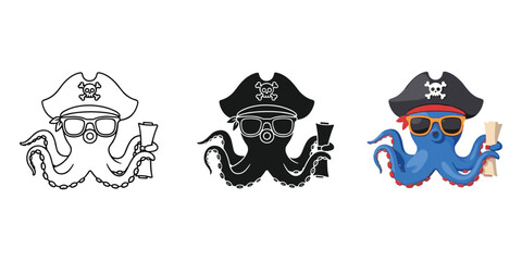 Pirate octopus character in various styles and colors © sakibahmed