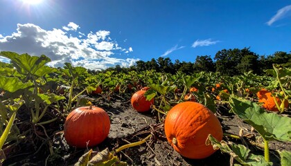 A sunny landscape shows an expansive pumpkin patch under a blue sky with fluffy clouds and distant trees in autumn