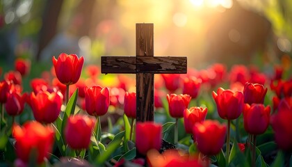 Wooden cross among vibrant red tulips bathed in warm sunlight, creating a peaceful and hopeful scene