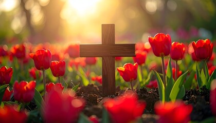 Wooden cross in a field of vibrant red tulips with sunlight filtering through trees creates a serene scene