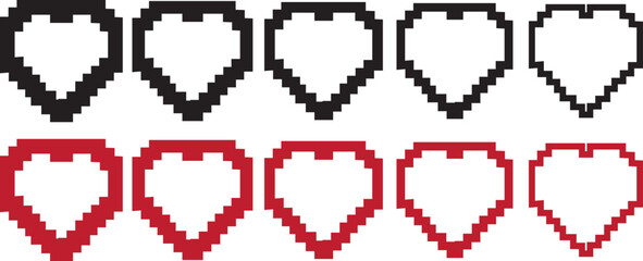 Obraz premium Pixel Heart Icon Set. 8 Bit Pixel Art. icon set. Pixel game life bar. Versatile love symbols for cards, apps 