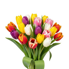 Naklejka premium Colorful bouquet of fresh tulips in a green vase isolated on transparent background