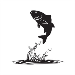 Naklejka premium Black silhouette fish jumping out water splashing drops isolated on white background art