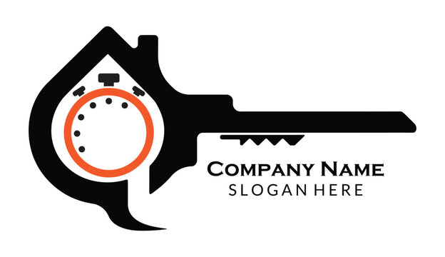 Creative house key logo with stopwatch element symbolizing real estate, time, and security, isolated on transparent background