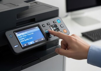 Office printer control panel with hand pressing button vector illustration flat design