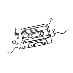 Minimalist continuous line art of a vintage audio cassette with hearts and musical notes, retro 90s aesthetic black and white illustration.