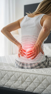 Woman suffering from lower back pain sitting on bed with red pain visualization