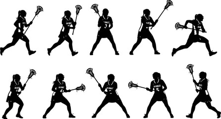 Silhouette vector set of female lacrosse players in action poses, running, catching, and shooting with lacrosse sticks for team sports design. © Shopna