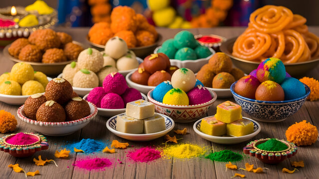 Vibrant holi celebrations with colorful sweets and powders