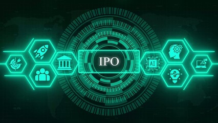 Obraz premium Digital of I P O with interconnected hexagonal and futuristic in green and black hexagons